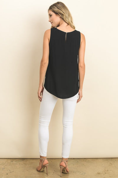 Embroidered Front Satin Tunic Tank With Side Sllit In Black